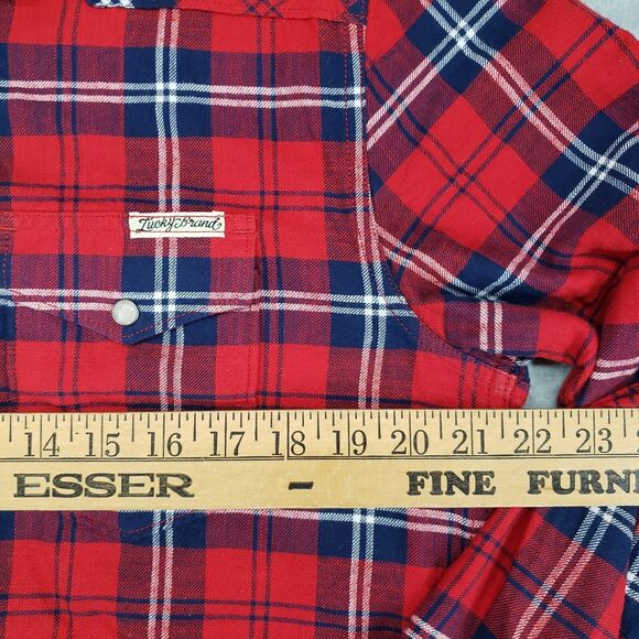Lucky‎ Brand Pearl Snap Flannel Shirt Mens Medium Red Plaid Western Rodeo - Picture 4 of 6